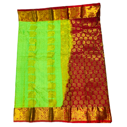 Semi Silk Saree Apple Green Colour with Golden and Maroon Border