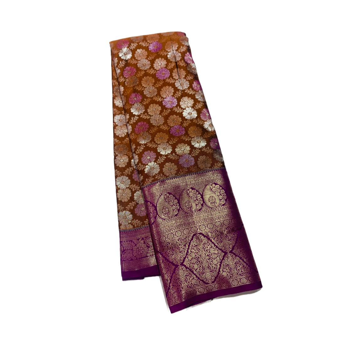 Ash Brown shade Soft kanchi pattu with  Purple Border