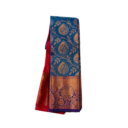 Vegan Silk Saree Blue Colour with Copper with Blue  with flower design