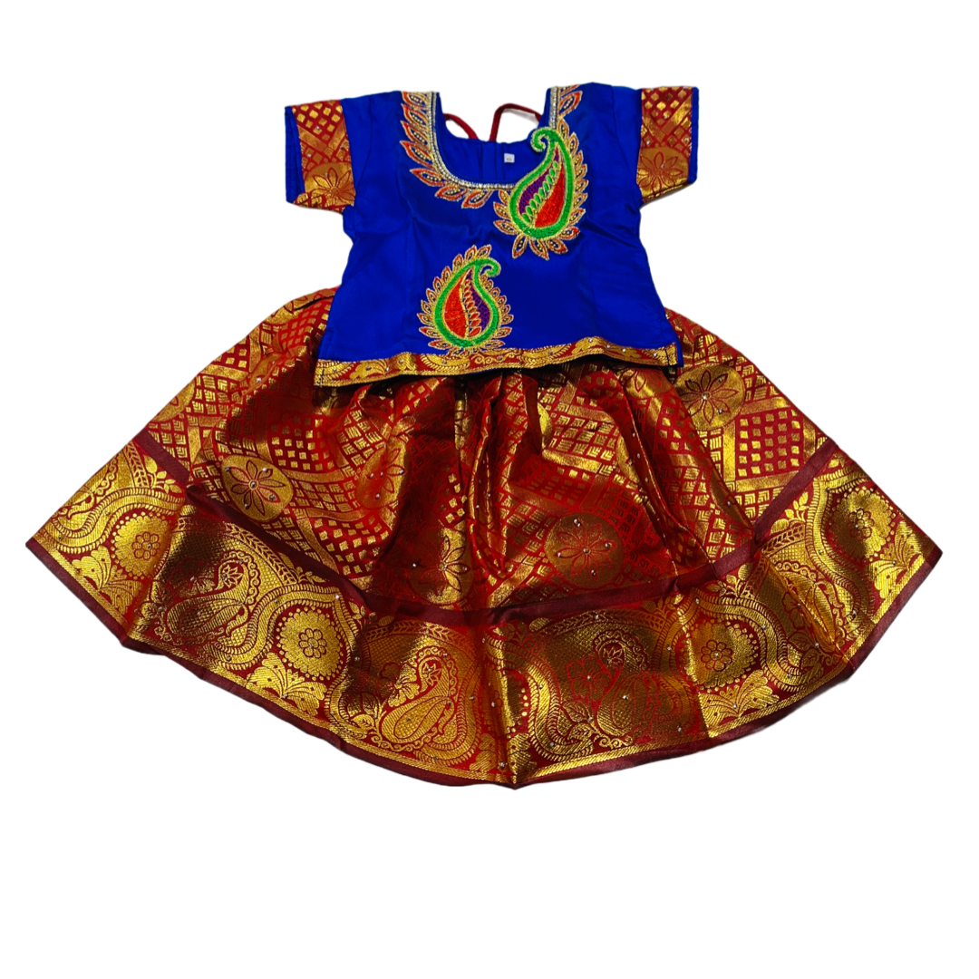 Ready To Wear Brown Pavadai with contrast Blue Blouse-1 Year Baby