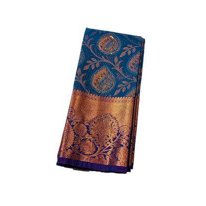 Vegan Silk Saree Blue Colour with Copper with Blue  with flower design