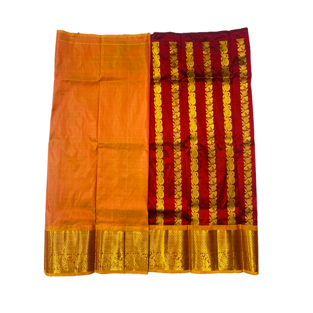 Brown shade Pure Kanchipuram Kids Pattu Pavadai with contrast border for age 5 to 10