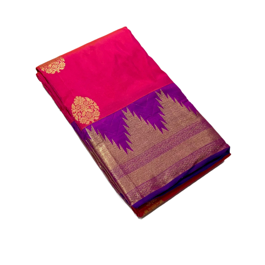 Pure Kachipuram Silk Saree Baby Pink Colour with Purple with gopuram  Border