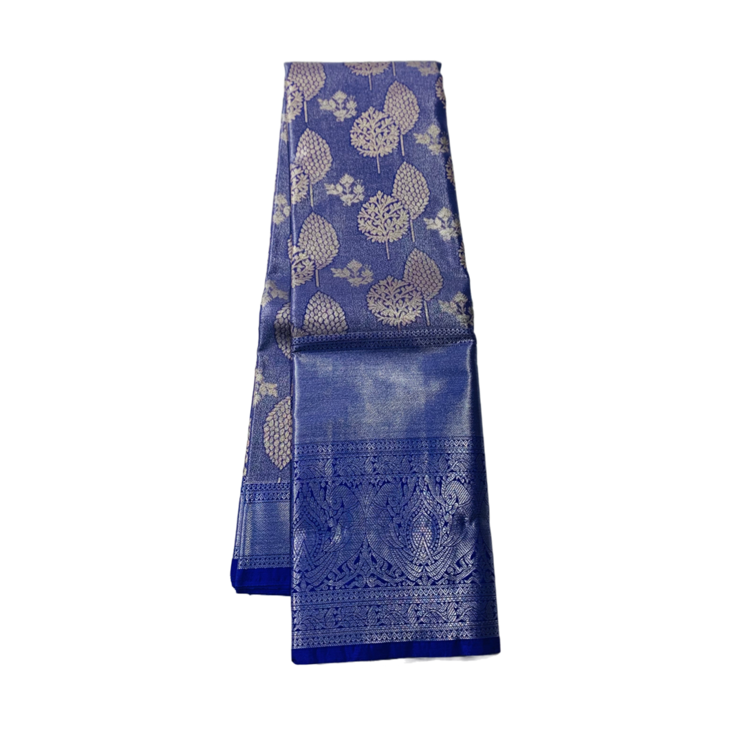 Vegan Silk Saree shade Blue Colour with Sliver Border with Peacock design