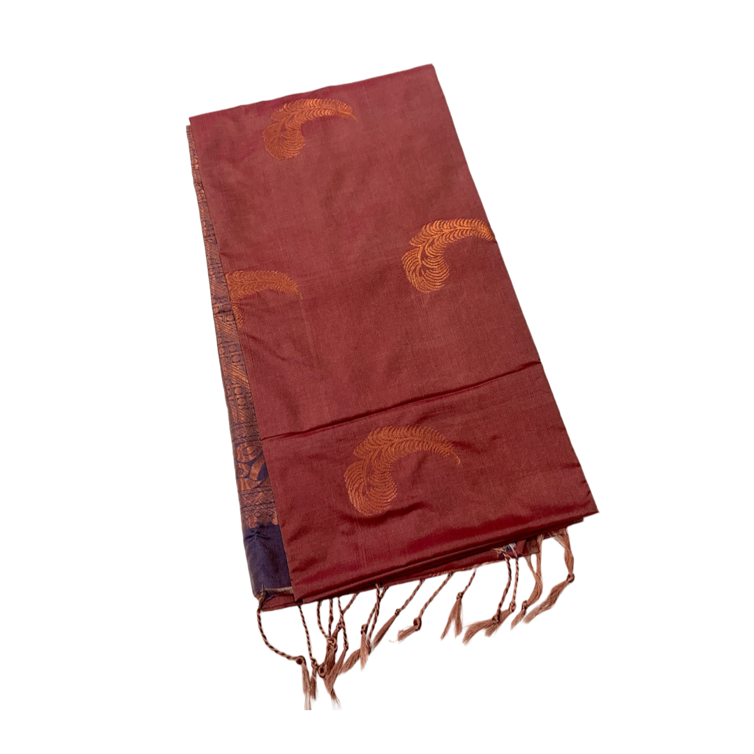 Soft Vegan Silk Saree Brown Colour with Blue Pallu