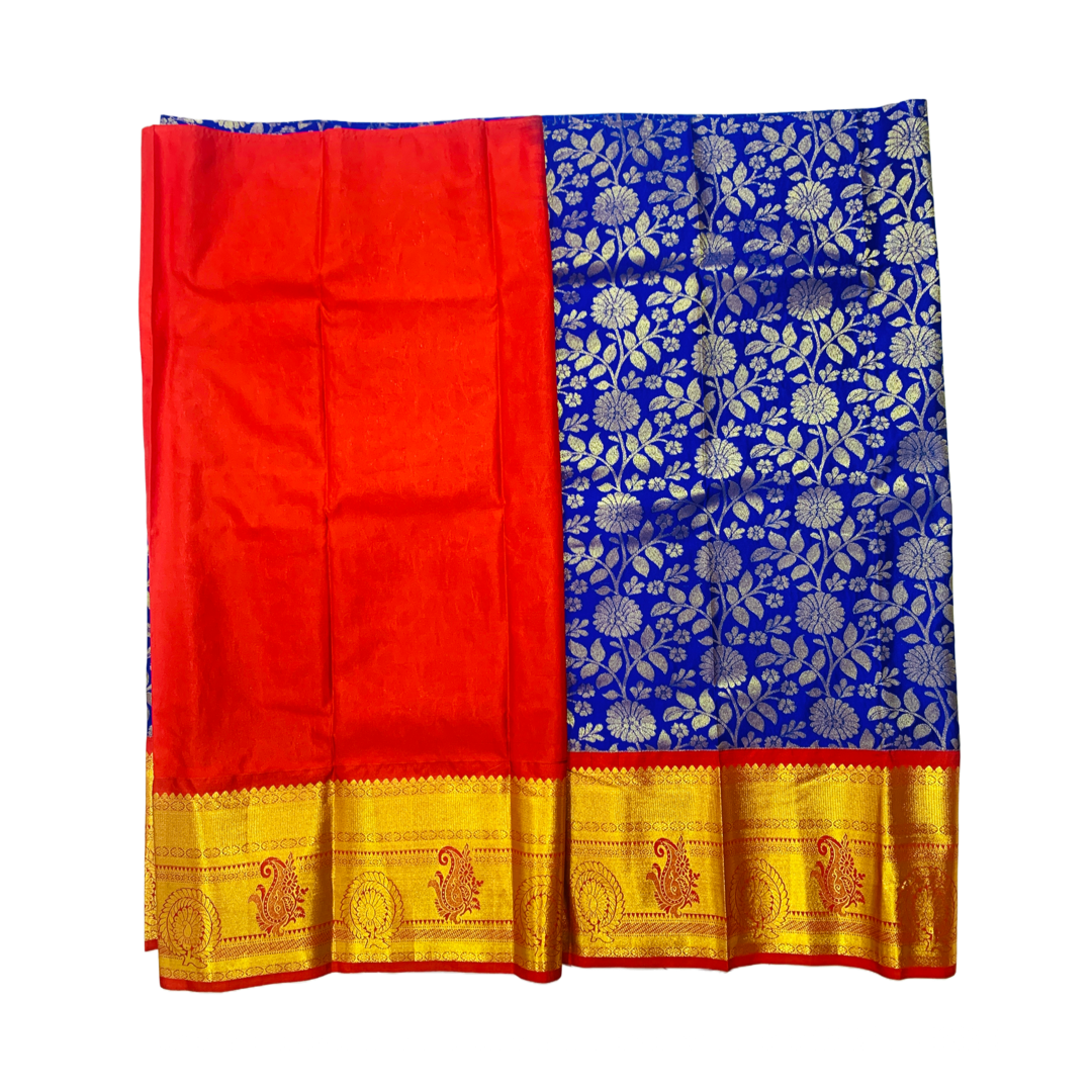 Blue shade vegan silk Kids Pattu Pavadai with contrast border for age 5 to 10