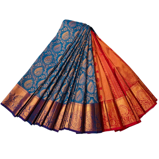 Vegan Silk Saree Blue Colour with Copper with Blue  with flower design