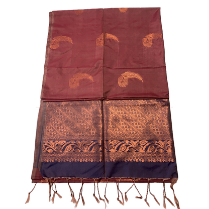 Soft Vegan Silk Saree Brown Colour with Blue Pallu