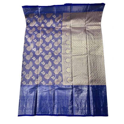 Vegan Silk Saree shade Blue Colour with Sliver Border with Peacock design