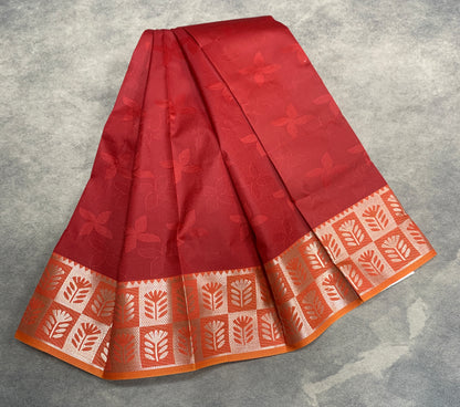 Synthetic Cotton Saree Maroon Colour with Sliver Colour Border