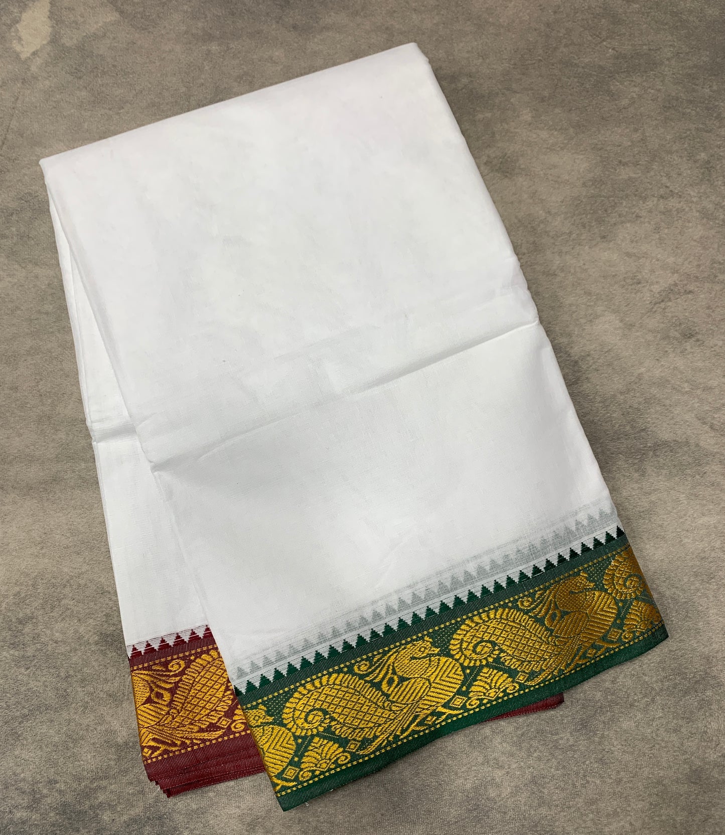 9X6 Cotton Dhoti White Colour with Green and Maroon Border with Angavastram