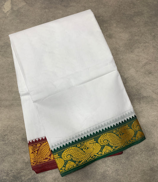 9X6 Cotton Dhoti White Colour with Green and Maroon Border with Angavastram