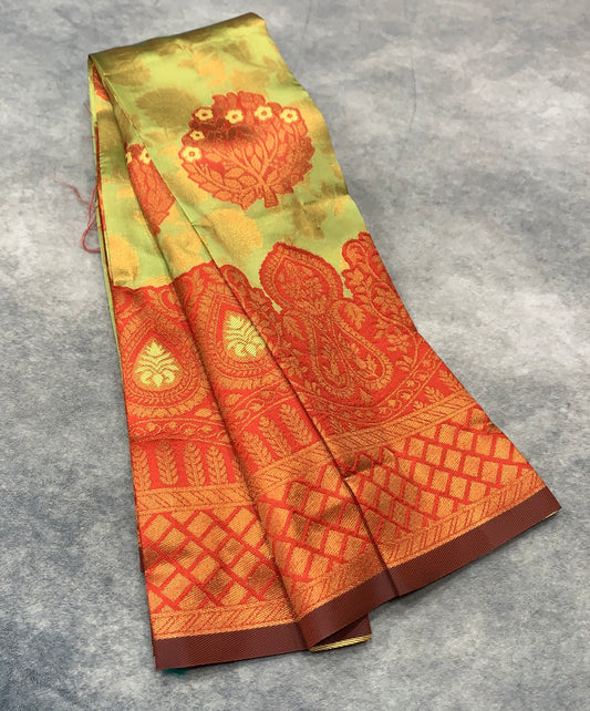Lime Green Colour Art Silk Saree with Maroon Border