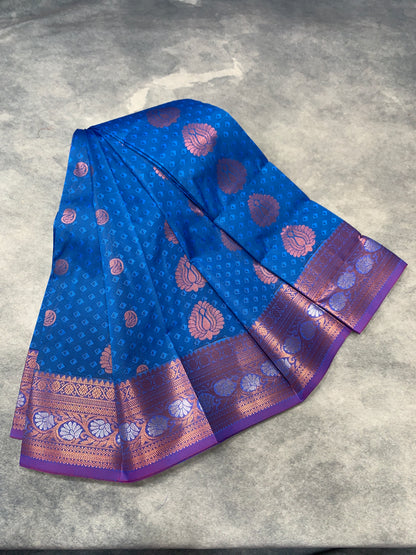 Vegan Silk Saree Aqua Blue Colour Saree with Copper and Floral Design