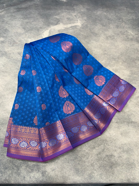 Vegan Silk Saree Aqua Blue Colour Saree with Copper and Floral Design