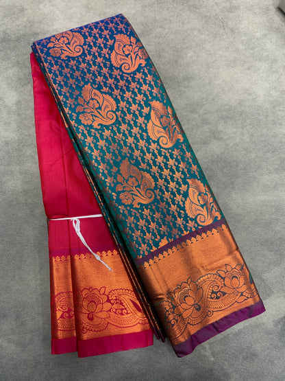 Vegan Silk Saree Peacock Blue Colour with Pink and Copper Border