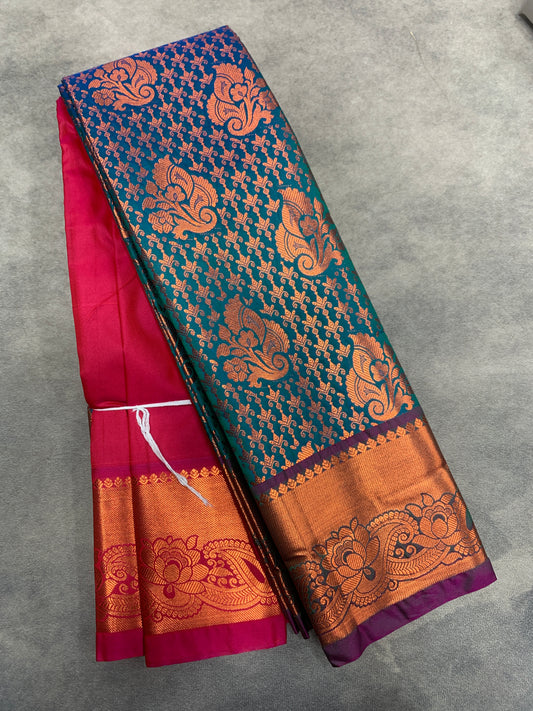 Vegan Silk Saree Peacock Blue Colour with Pink and Copper Border