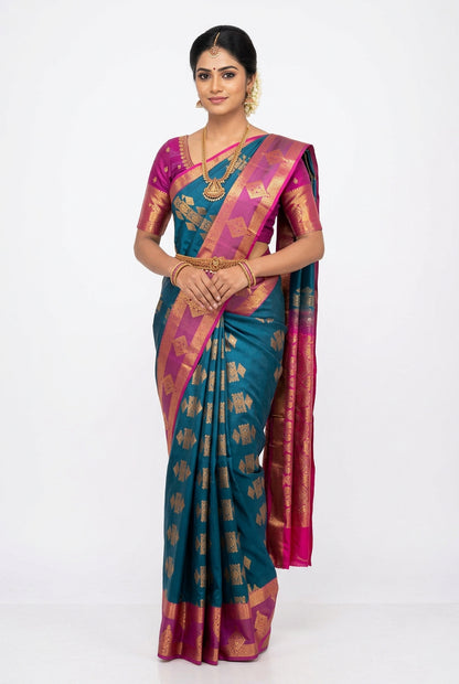 Soft Silk Casual Saree Peacock Blue with Rettai Pettu Magenta Colour Border