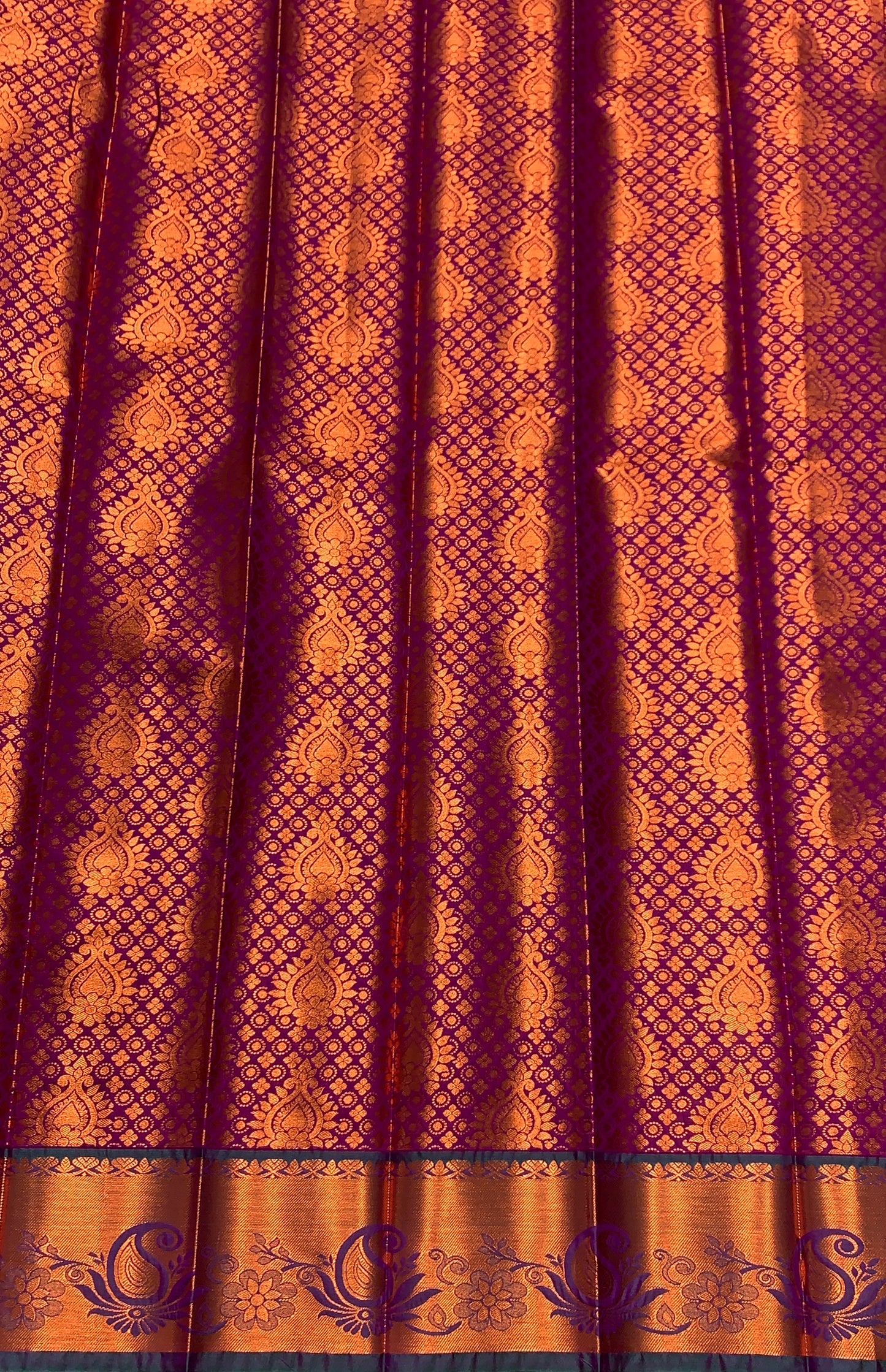Vegan Silk Saree Magenta Colour with Green and Copper Border