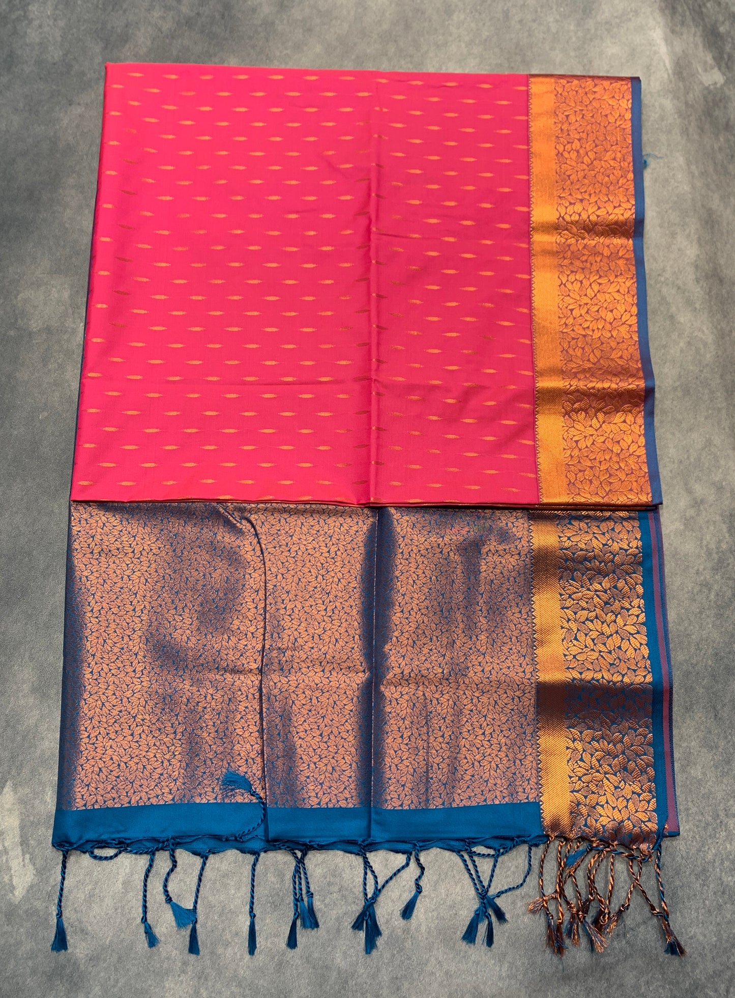 Soft Vegan Silk Saree Light Pink Colour with Sky Blue and Copper Border