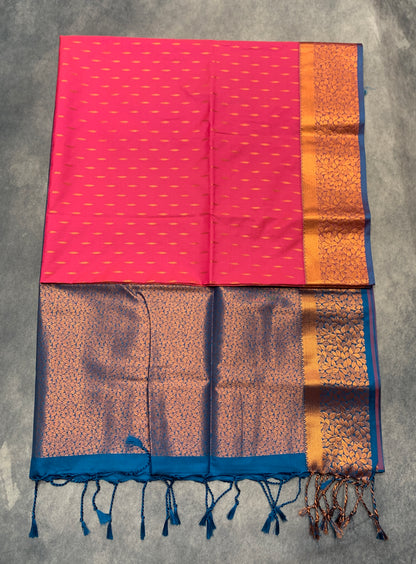 Soft Vegan Silk Saree Light Pink Colour with Sky Blue and Copper Border