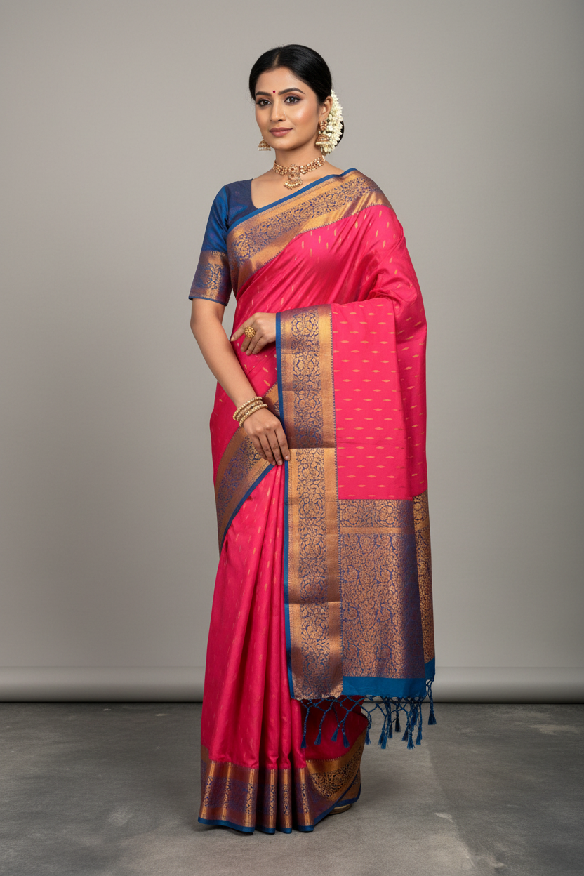 Soft Vegan Silk Saree Light Pink Colour with Sky Blue and Copper Border