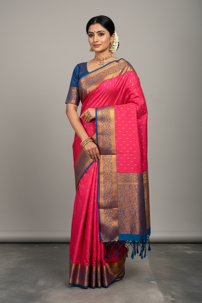 Soft Vegan Silk Saree Light Pink Colour with Sky Blue and Copper Border