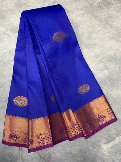 Blue Colour Silk Cotton Saree with Copper Zari Border and Floral Design