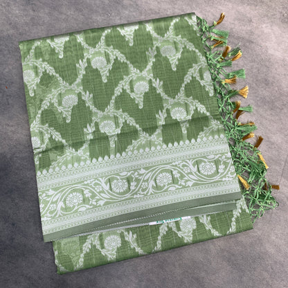 Banaras Katan Saree Light Green Colour with Katan Work Border