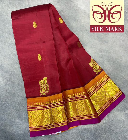 Pure Kanchipuram Silk Saree Maroon Colour with Purple and Gold Zari Border