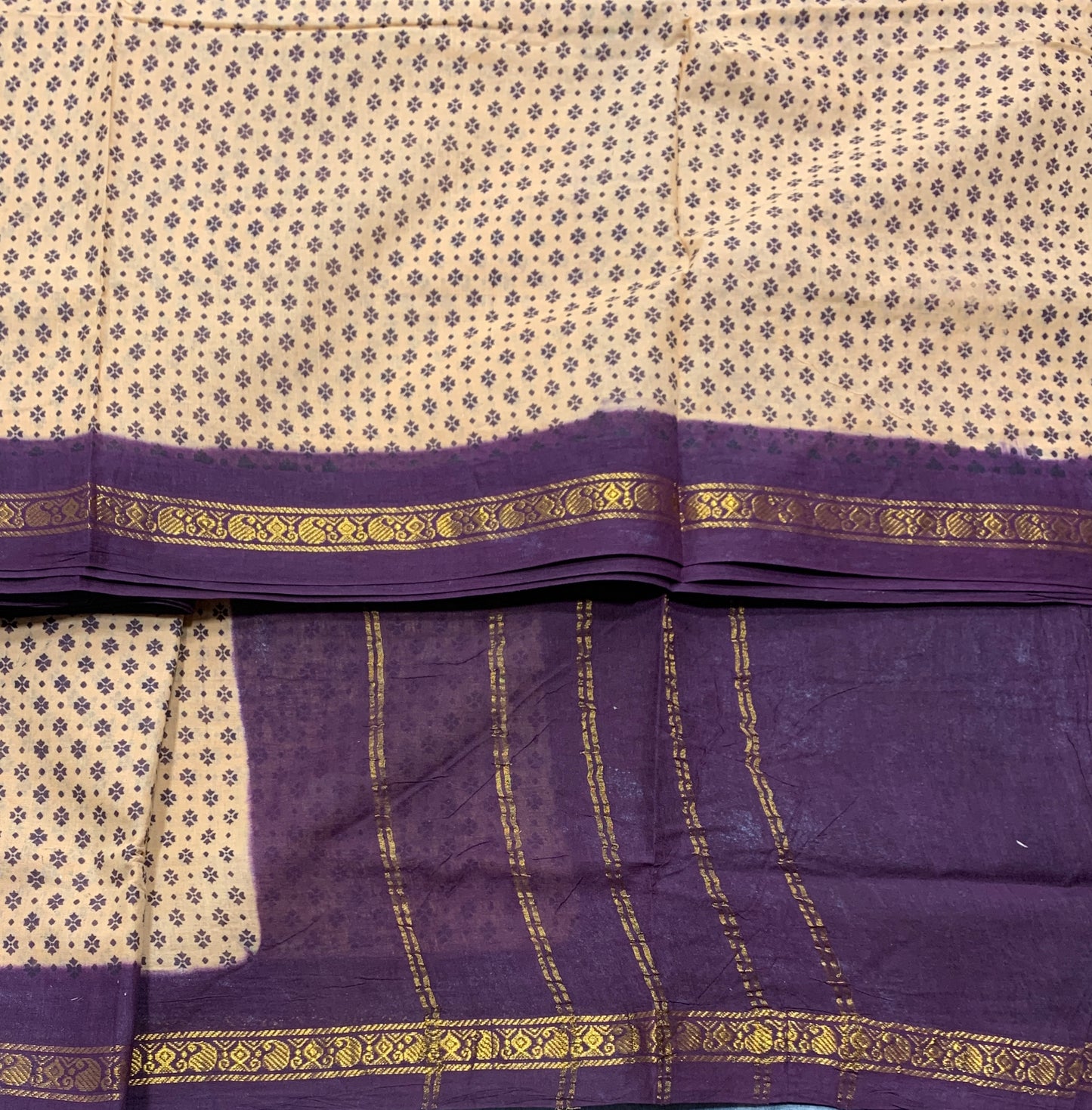 9 yards Cotton Saree Sandal Colour with Dark Purple Border