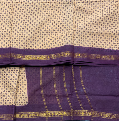 9 yards Cotton Saree Sandal Colour with Dark Purple Border