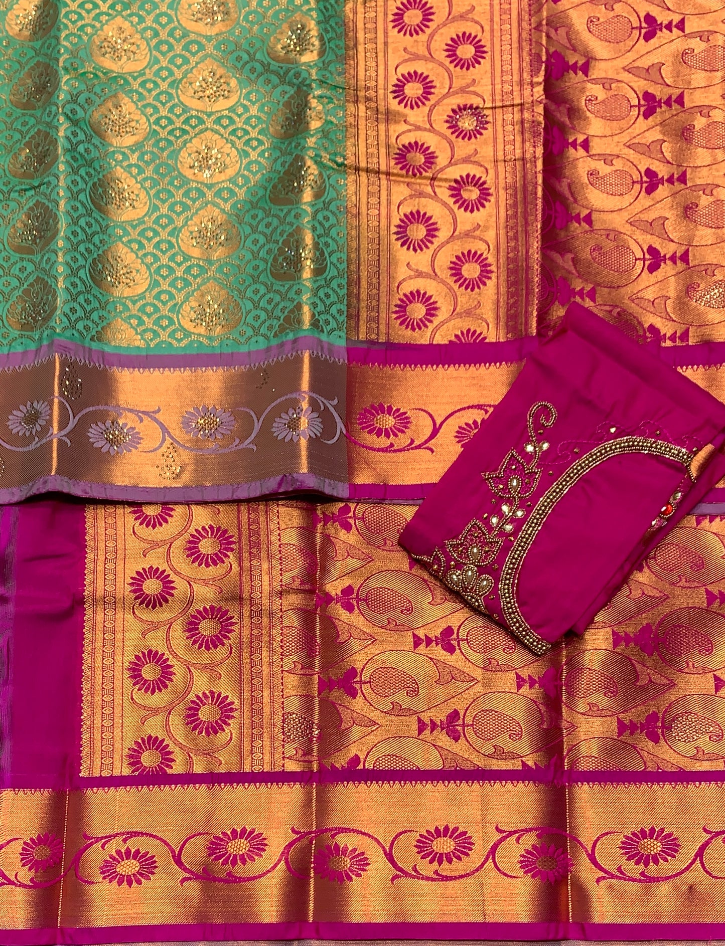 Bridal Vegan Silk Saree Light Green Colour with Pink Border with Unstitched blouse in Aari Work