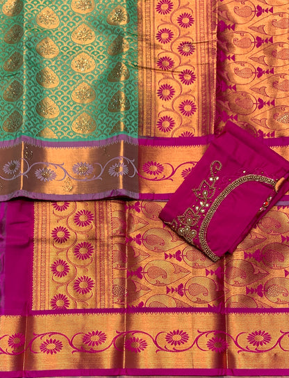 Bridal Vegan Silk Saree Light Green Colour with Pink Border with Unstitched blouse in Aari Work