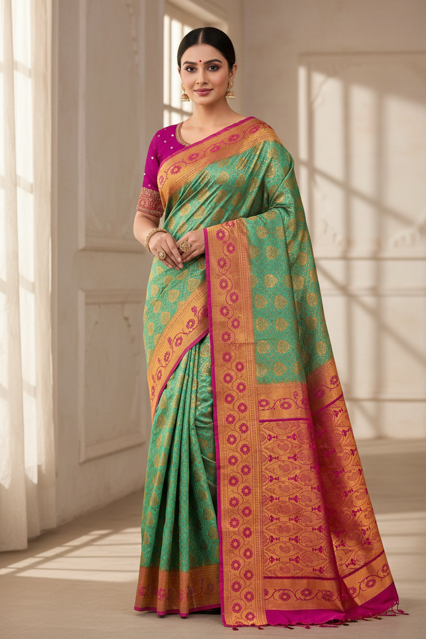 Bridal Vegan Silk Saree Light Green Colour with Pink Border with Unstitched blouse in Aari Work