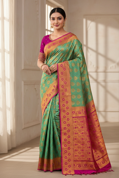 Bridal Vegan Silk Saree Light Green Colour with Pink Border with Unstitched blouse in Aari Work