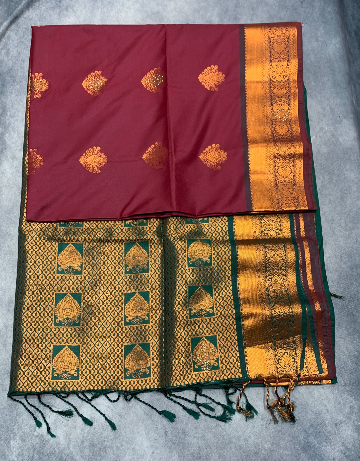 Soft Vegan Silk Saree Maroon Colour with Green and Copper Border