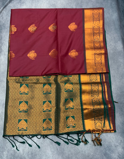Soft Vegan Silk Saree Maroon Colour with Green and Copper Border