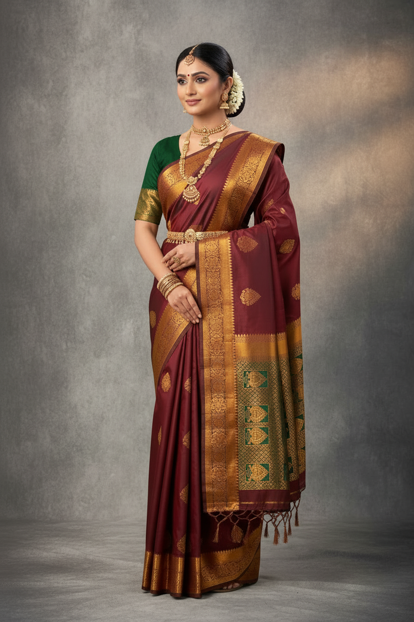 Soft Vegan Silk Saree Maroon Colour with Green and Copper Border