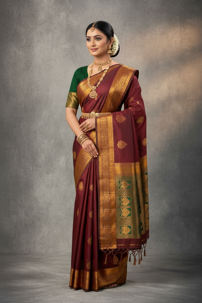 Soft Vegan Silk Saree Maroon Colour with Green and Copper Border