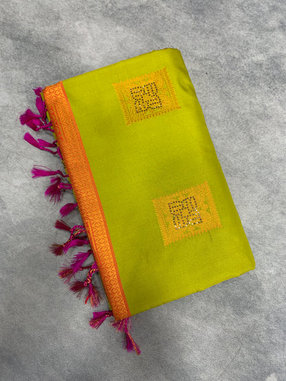 Soft Vegan Silk Saree Apple Green Colour with Pink and Copper Border