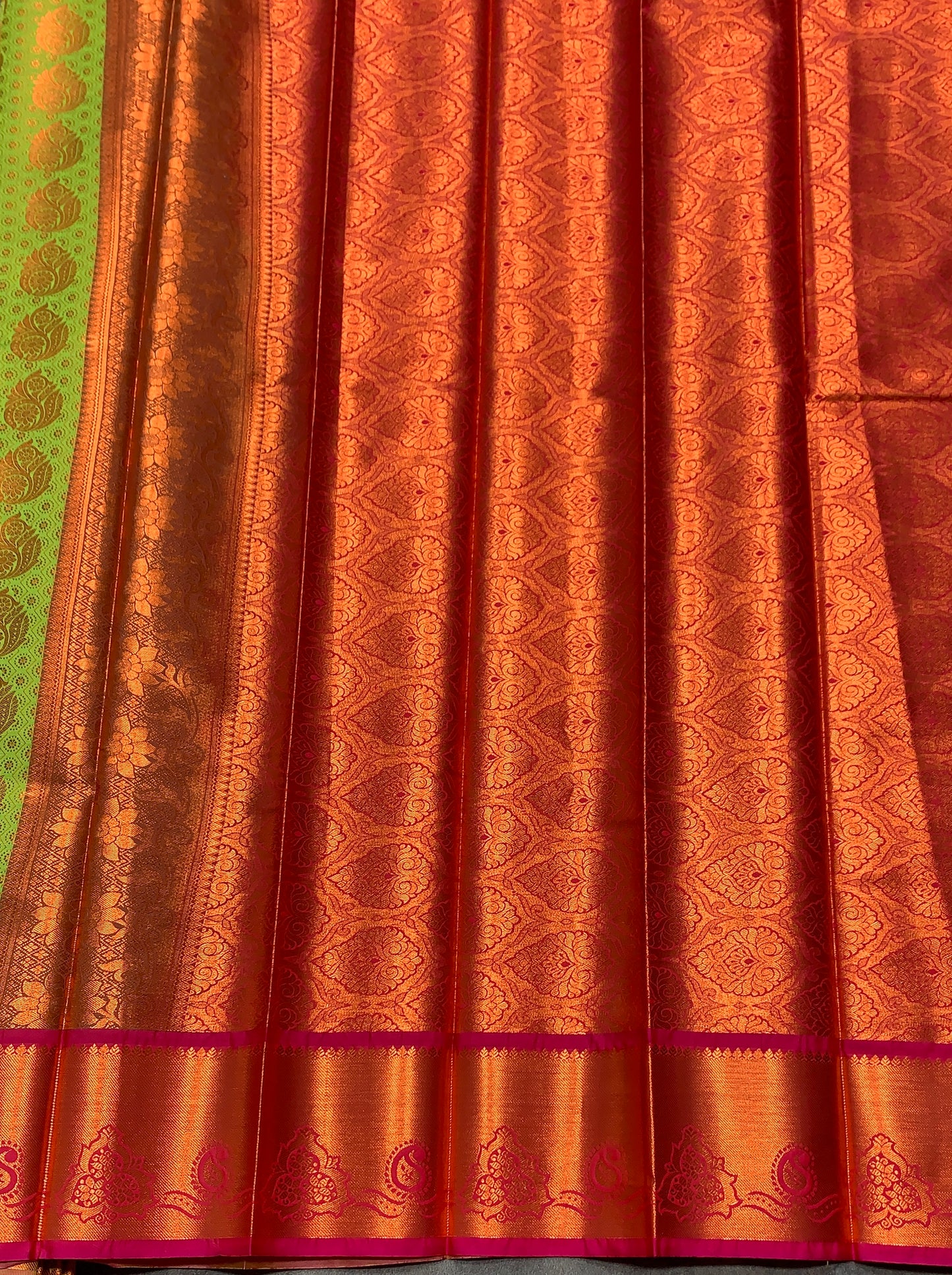 Vegan Silk Saree Apple Green Colour with Pink and Copper Border
