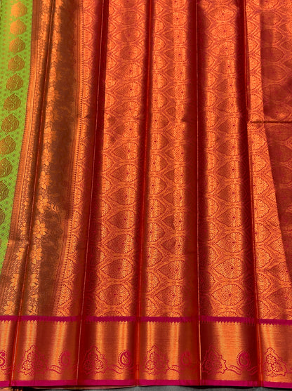 Vegan Silk Saree Apple Green Colour with Pink and Copper Border