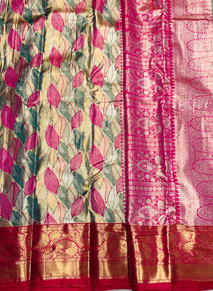 Peacock Blue & Pink Leaf Soft Kanchi Tissue Pattu Saree with Pink border