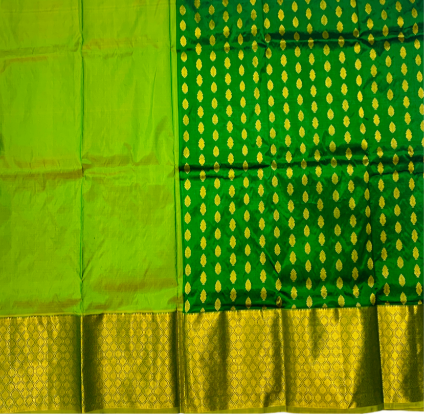 Green shade Pure Kanchipuram Kids Pattu Pavadai with contrast border for age 5 to 10