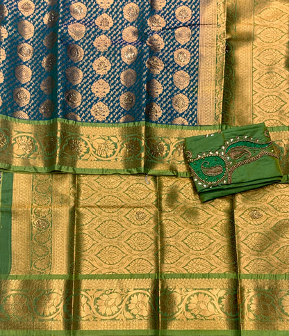 Bridal Vegan Silk Saree Rama Green shade with Light Green Border with Unstitched blouse in Aari Work