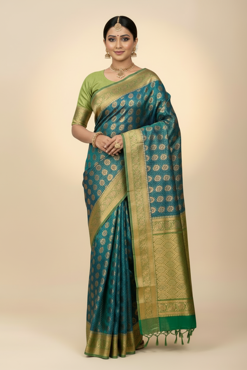 Bridal Vegan Silk Saree Rama Green shade with Light Green Border with Unstitched blouse in Aari Work