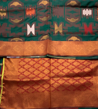 Pochampalli Semi Silk Saree Green Colour with Maroon Border