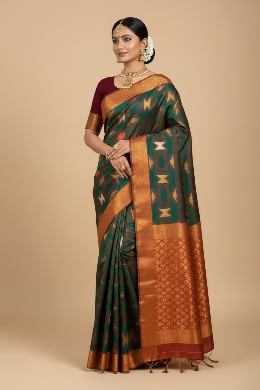 Pochampalli Semi Silk Saree Green Colour with Maroon Border