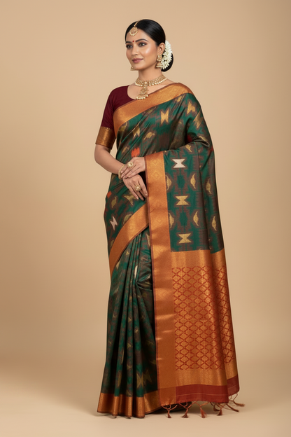 Pochampalli Semi Silk Saree Green Colour with Maroon Border
